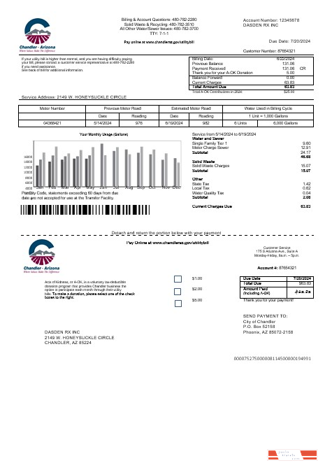 USA Arizona Chandler business utilities bill template in Word and PDF formats